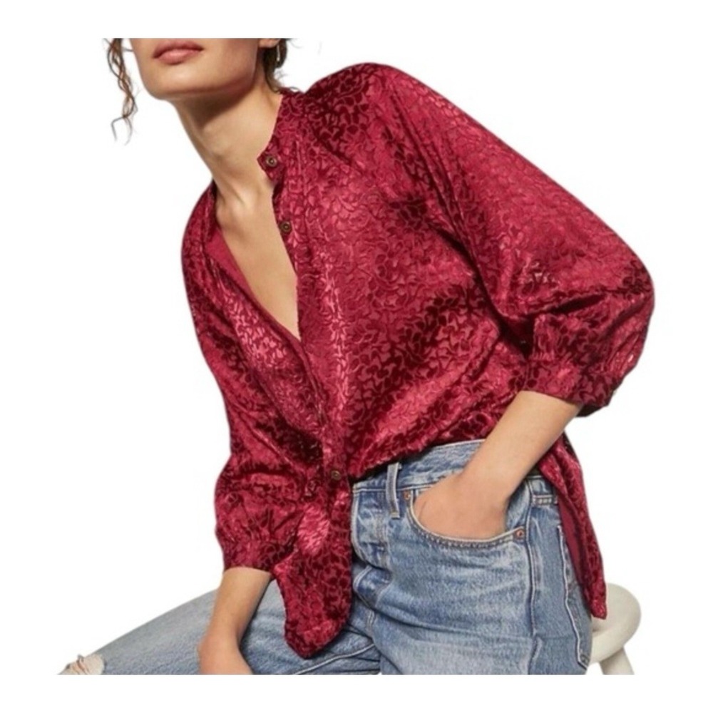 Anthropologie Susanna Burnout Velvet Buttondown Top Blouse In Plum Sz M NWT